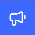 Icon image of a megaphone - blue on white background