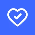 White heart icon on blue background.