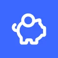 White piggy bank icon on blue background.