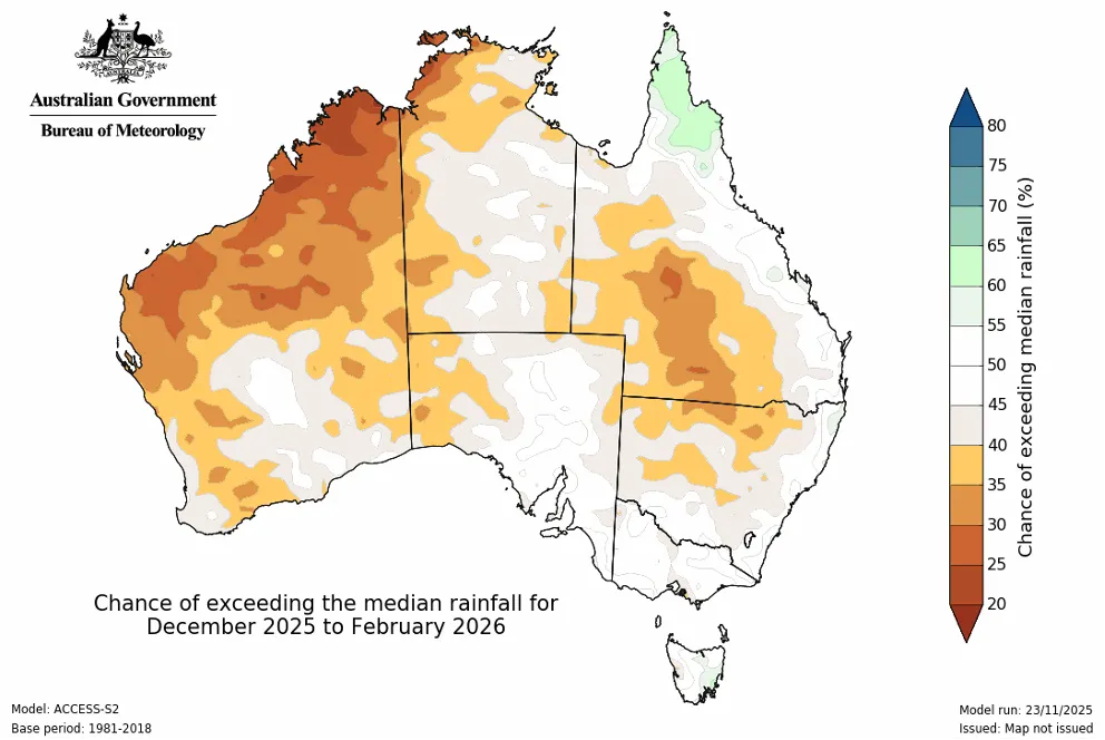 A graph of Australia showing the chance of exceeding the median rainfall for December 2025 to February 2026
