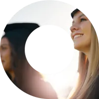 University students in a viewfinder symbol