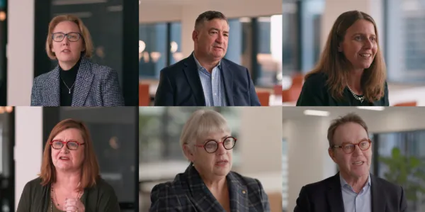 Montague of six business people talking 