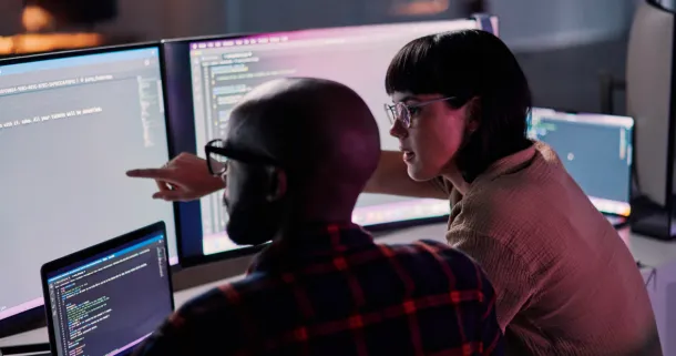 Two colleagues reviewing AI coding.