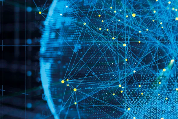 An technology-inspired globe with yellow dot-points connecting throughout. 