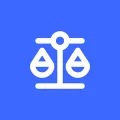 Blue and white icon of ethical scales in the middle.
