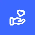 White icon - hand and heart - on blue background