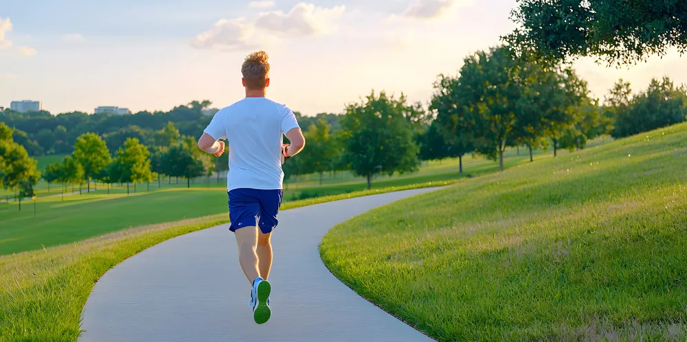 Man running with back to camera - along a pathway past green grass and trees
