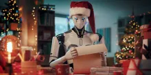 Humanoid AI robot Santa Claus reading letters at home and preparing for Christmas