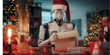 Humanoid AI robot Santa Claus reading letters at home and preparing for Christmas