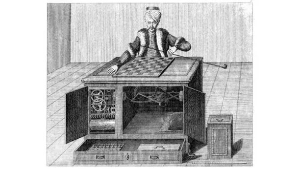 Photo or depiction of Wolfgang von Kempelen, a Hungarian author and inventor unveiling a machine.