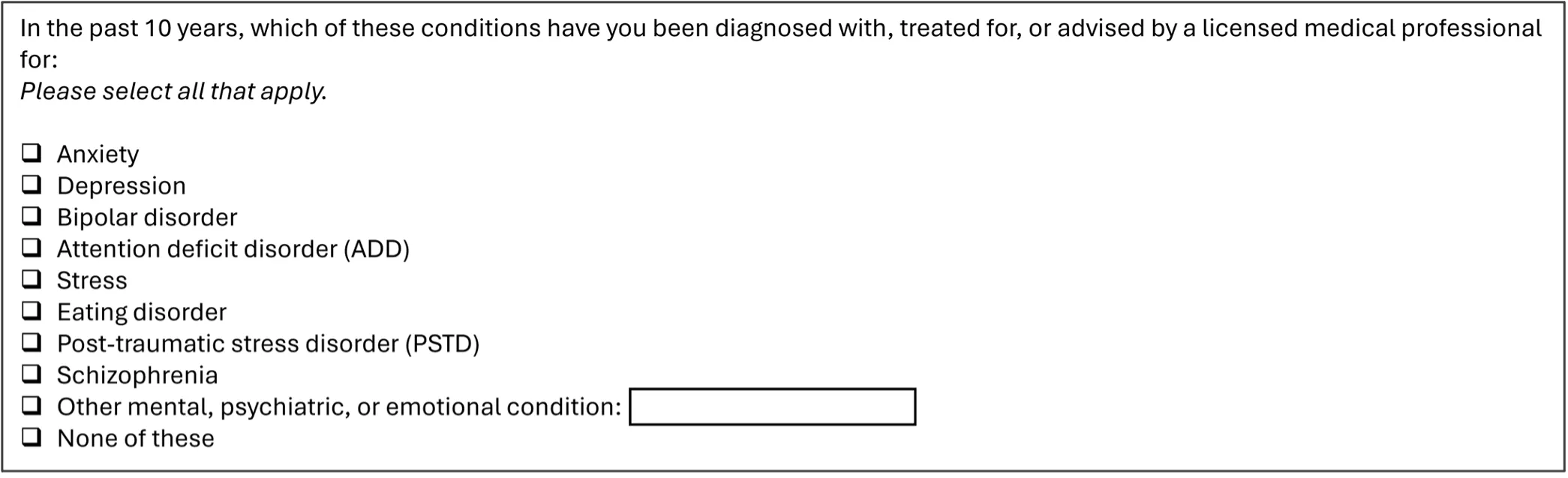 A figure showing a questionnarie with mental health questions.