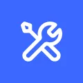 White icon with spanner and tool on blue background