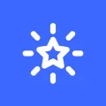 White starburst icon on blue background.