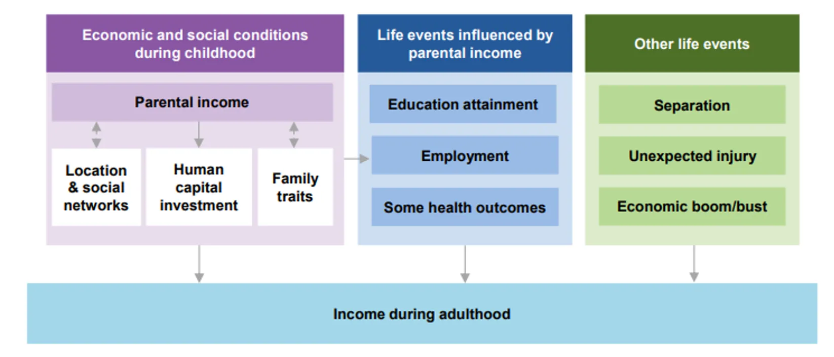 Diagram illustrating how childhood economic conditions, parental income, and life events influence adult income outcomes