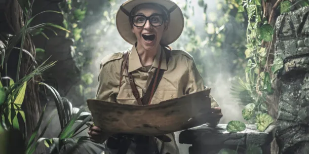 Cheerful woman exploring a tropical jungle with a map, she finds some ancient ruins.
