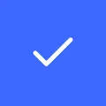 White tick icon on blue background.