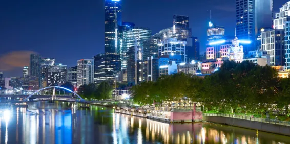Night time Melbourne city skyline and river.