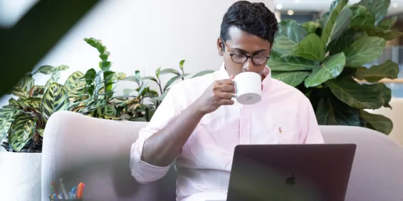 Man sitting on a couch, sipping from a mug while looking down at a laptop.