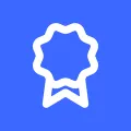 White icon representing certification on blue background