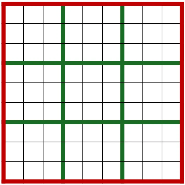 A blank 9x9 Sudoku grid with festive Christmas colours. The grid features thick green lines dividing the nine 3x3 boxes, with thin black lines separating individual cells, all framed by a bold red border.