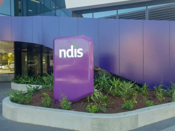 The sign outside entrance to the NDIS headquarters in central Geelong. The building is at 13 - 19 Malop Street