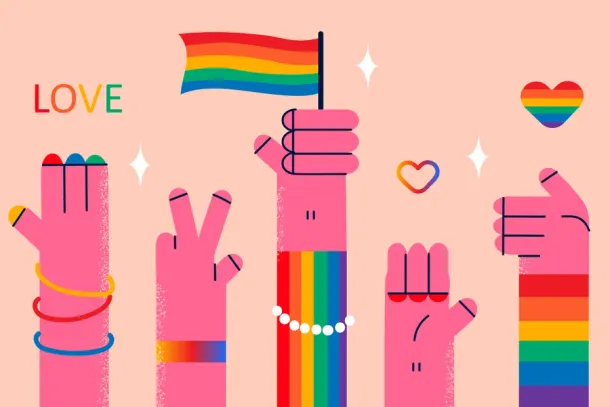 People hold flags and signs of LGBT society support homosexual and transgender community. Person raise hands up on gay parade. Pride month holiday. Bisexual and lesbian. Vector illustration.
