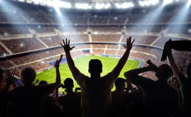 A long-range shot of a stadium field, floodlights and seating. A green field, with painted white lines, is visible in the foreground. On the foreground a group of fans is celebrating a goal. In the background are diffuse out-of-focus stadium seats. Large, bright floodlights are in the top-left and top-right corners of the image.
