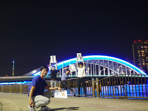 Takuro Sorihashi, Makoto Kawabe and Kazuki Takigawa in front of Eitai-bashi Bridge, Tokyo, Japan (& Tokyo Skytree). #BridgeToTomorrow